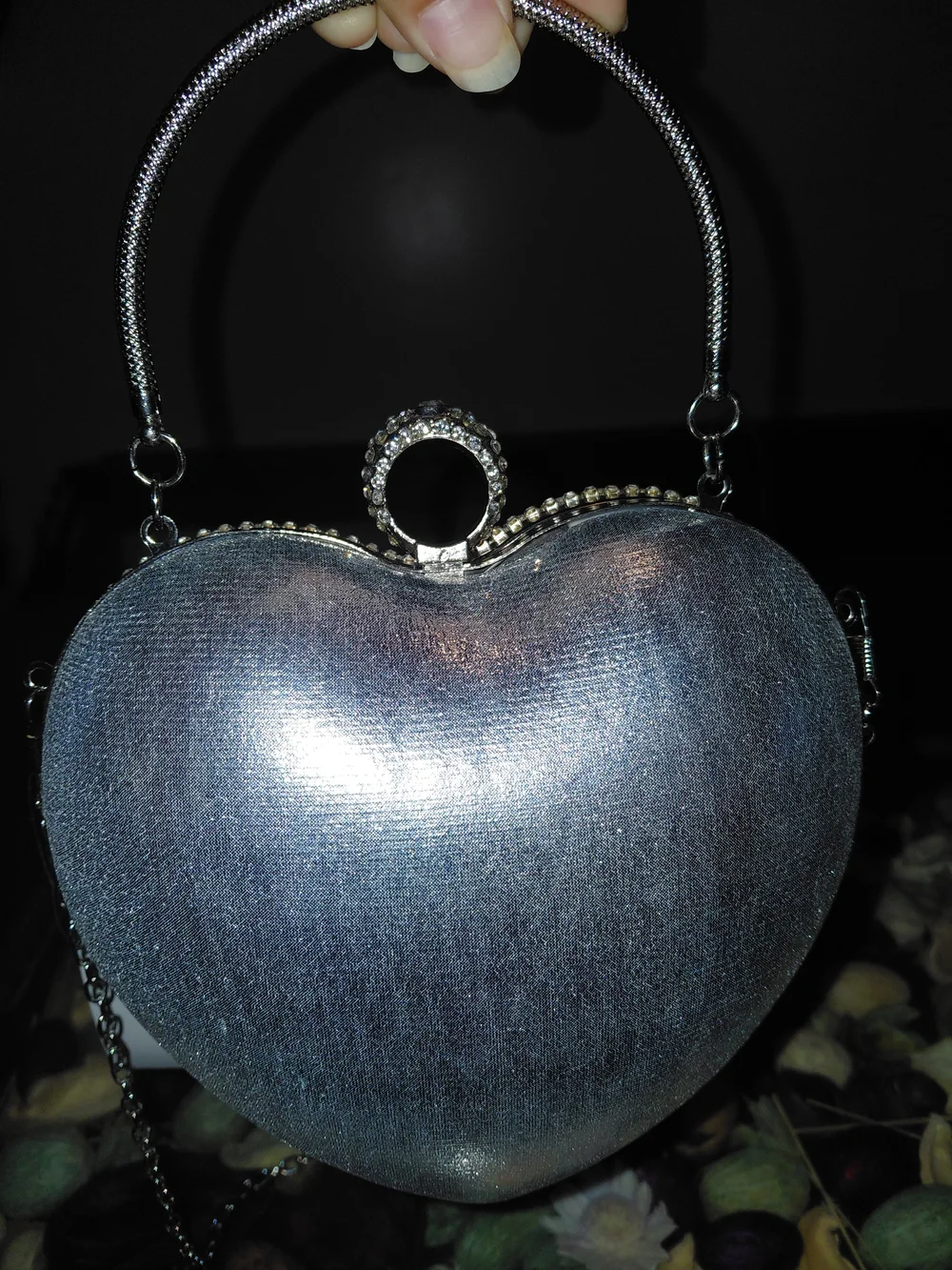 Natasha Couture Silver Crystal Heart Clutch with Fringe
